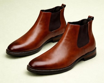 Handmade Men’s Brown Leather Chelsea Boots Slip On  Dress Shoes Classic Smart Casual Footwear