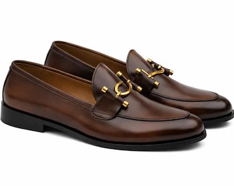 Handmade Brown Slip On Loafers – Men’s Leather Dress Shoes – Comfortable Formal & Casual Footwear