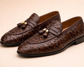 Handmade Brown Woven Leather Loafers for Men –  Slip On Dress Shoes, Formal Wedding Shoes