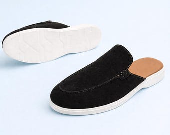 Men’s Handmade Black Suede Slip On Mules Casual Backless Loafers Comfortable Summer Shoes