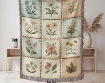 Vintage Botanical Patchwork Woven Blanket | Floral Blocks, Tapestry Throw