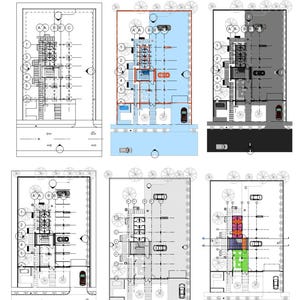 Puede incluir: Seis diagramas de planos arquitectónicos que representan diseños de edificios con estacionamiento, escaleras y configuraciones de habitaciones. Los planos están en blanco y negro, con algunas superposiciones de color que resaltan áreas específicas. También se muestran árboles y coches.