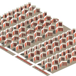 May include: Isometric illustration of a complex of small buildings with red doors and white trim. The buildings are arranged in rows and columns on a gray surface, with red text on the ground.