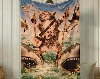 Cat on Swing with Sharks Velveteen Plush Blanket | Funny Surreal Ocean Scene
