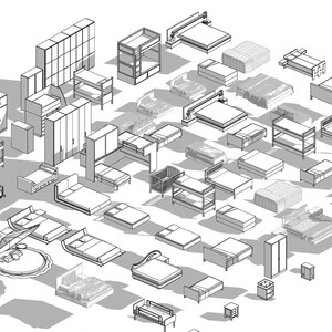 May include: Isometric illustration of various furniture pieces, including beds, dressers, and nightstands. The image is a black and white line drawing, showcasing different bed designs, from simple frames to bunk beds and cribs. The furniture is arranged in a grid-like pattern.