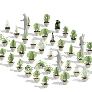 May include: An illustration of a collection of potted plants, including cacti and various leafy greens, arranged in rows. Several stylized human figures are interspersed among the plants, appearing to tend to them. The plants are in square, light-colored pots.