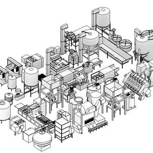 May include: An isometric line drawing of a factory or industrial complex. The image features numerous tanks, vats, and processing equipment, including conveyor belts and machinery. The overall design is in shades of grey and white.