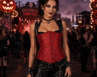 Red Brocade Underbust Corset for Women - Gothic Halloween Punk Festival Corset - Victorian Waist Cincher  - Steel Boned Lace Up Bustier