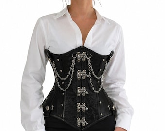 Zwart brokaat en leren gotisch onderborstcorset voor dames – Taillesneaker met staal uitgebeend en kettingen – Victoriaans Steampunk-korset