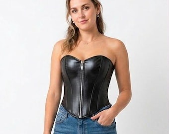 Corsetto da donna in pelle nera con cerniera sopra il seno / Corsetto modellante con stecche in acciaio per costume di Halloween da donna