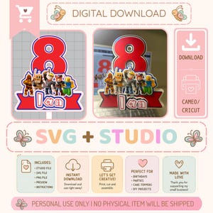 May include: A digital download file for a custom cake topper featuring a large red number 8, a group of five colorful block-style character figures, and a red banner with the name Ian in white text. Includes SVG and Studio file formats.