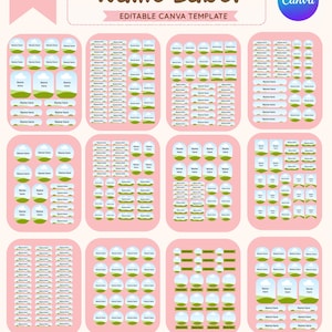 May include: A digital template sheet featuring numerous name labels in various shapes and sizes. Each label displays a light blue sky with white clouds over a green landscape. The text "Name Label" and "EDITABLE CANVA TEMPLATE" appear at the top.