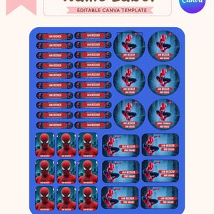 Puede incluir: Una hoja digital de etiquetas de nombre personalizables con gráficos de Spider-Man en rojo y azul. El conjunto incluye varias pegatinas rectangulares y circulares con el texto Ian Becker y 2nd Grade. Es una plantilla de Canva editable.
