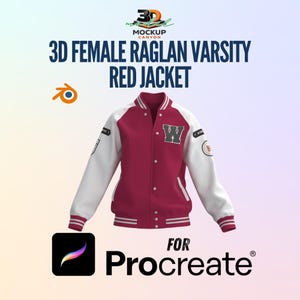 May include: A red and white varsity jacket with the text "3D Female Raglan Varsity Red Jacket" and the word "W" on the front. The jacket is designed for Procreate.