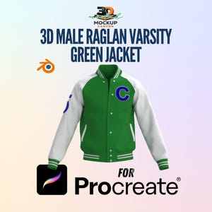 May include: A green and white varsity jacket with the letter "C" on the chest. The jacket has white sleeves and a green body. The image also includes the text "3D Male Raglan Varsity Green Jacket" and "For Procreate".