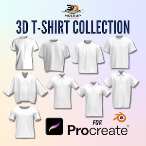 Può includere: Una collezione di magliette bianche in vari stili, tra cui girocollo, scollo a V e polo. L'immagine presenta il testo "3D T-SHIRT COLLECTION" e "FOR Procreate". Le magliette sono presentate su uno sfondo sfumato.