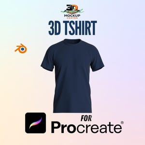 Puede incluir: Maqueta de camiseta 3D azul marino sobre un fondo degradado. El texto "3D TSHIRT" se muestra de forma destacada. La imagen también incluye los logotipos de Blender y Procreate, con el texto "FOR Procreate®".