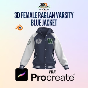May include: A blue and white raglan varsity jacket with a hood. The jacket has a navy blue body and white sleeves. The jacket has a green "W" patch and a crest on the chest. The text "3D Female Raglan Varsity Blue Jacket" is at the top.