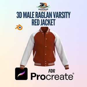 May include: A 3D rendered red and white varsity jacket. The jacket has a red body with white sleeves and a white collar. The image includes the text "3D Male Raglan Varsity Red Jacket" and "For Procreate".