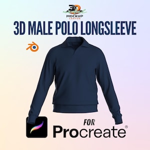 May include: A navy blue long-sleeved polo shirt with a collar. The image includes the text "3D MALE POLO LONGSLEEVE" and "FOR Procreate". A Blender logo and a Procreate logo are also present.