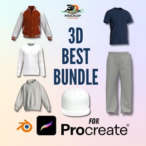 May include: A collection of apparel items, including a varsity jacket, t-shirts, a hoodie, sweatpants, and a baseball cap. The image also features the text "3D BEST BUNDLE" and "FOR Procreate".