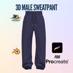 Op de afbeelding: Donkerblauwe joggingbroek met trekkoord. De afbeelding bevat de tekst "3D MALE SWEATPANT" bovenaan. De woorden "FOR Procreate" en het Procreate-logo staan onderaan. Het Mockup Canyon-logo is ook aanwezig.