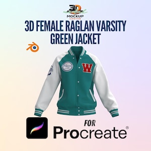 May include: A 3D rendering of a green and white varsity jacket. The jacket has white sleeves, a green body, and a red "W" patch. The text "3D FEMALE RAGLAN VARSITY GREEN JACKET" is displayed above the jacket.