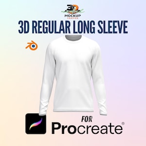 May include: A white long-sleeve shirt with the text "3D REGULAR LONG SLEEVE" and "FOR Procreate®". The shirt is displayed on a gradient background with the Blender and Procreate logos.