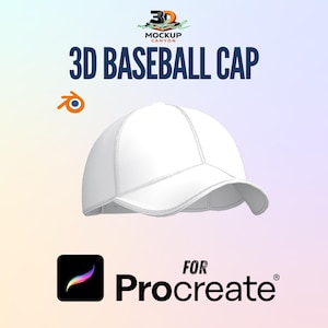 May include: A white 3D baseball cap with a curved brim. The text "3D BASEBALL CAP" is displayed in large, dark blue letters. The image also includes the text "FOR Procreate®" and a logo.