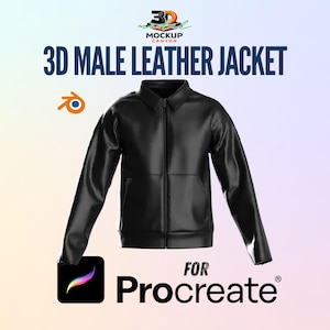 Puede incluir: Una chaqueta de cuero negra con cierre de cremallera y cuello. La imagen incluye el texto "3D MALE LEATHER JACKET" y "FOR Procreate". La chaqueta es un modelo 3D.