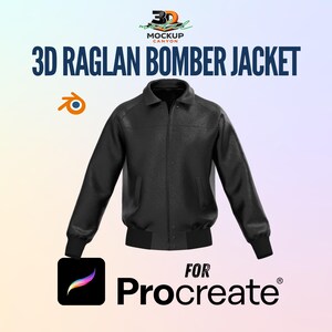 May include: A black 3D raglan bomber jacket mockup. The jacket has a collar, a zipper, and ribbed cuffs and hem. The image includes the text "3D Raglan Bomber Jacket" and "For Procreate".