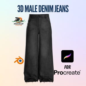Op de afbeelding: Een zwarte denim jeans met een wijde pijp. De afbeelding bevat bovenaan de tekst "3D MALE DENIM JEANS". De jeans wordt weergegeven op een gradiënt achtergrond met de tekst "FOR Procreate" onderaan.