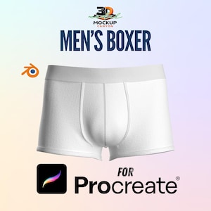 May include: White boxer briefs with a white waistband. The text "MEN'S BOXER" is displayed in navy blue. The text "FOR Procreate" is displayed in black. A logo for Blender and Procreate are also visible.