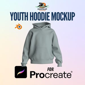 Pode incluir: Maquete de moletom com capuz juvenil cinza claro com bolso frontal e capuz. O texto "YOUTH HOODIE MOCKUP" é exibido acima do moletom com capuz. As palavras "FOR Procreate" estão abaixo, junto com o logotipo Procreate.