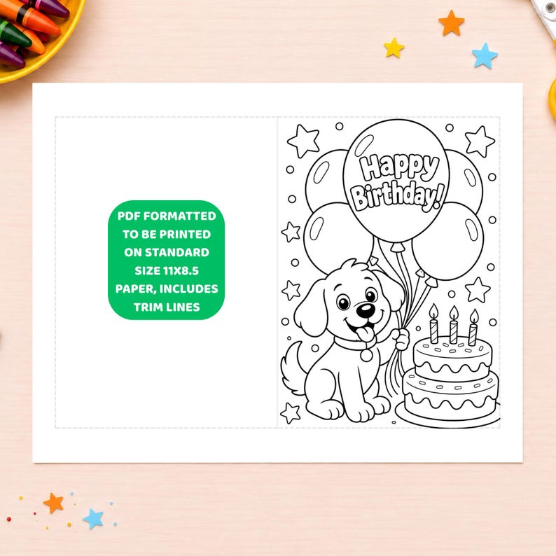 Printable Dog Birthday Coloring Card Instant Download Kids Puppy ...