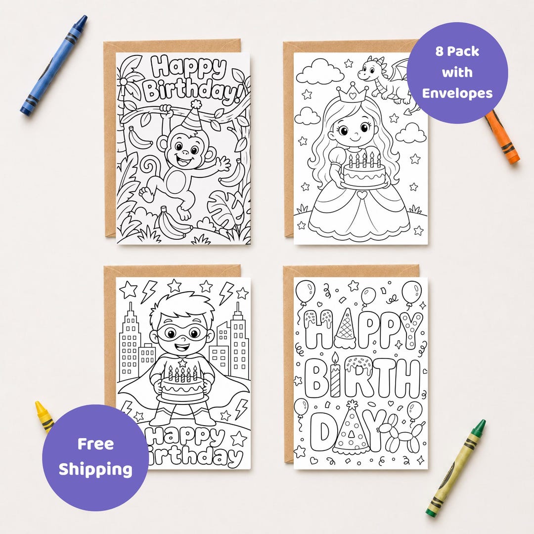 Kids Birthday Coloring Cards Assorted Pack Birthday Card Set for ...