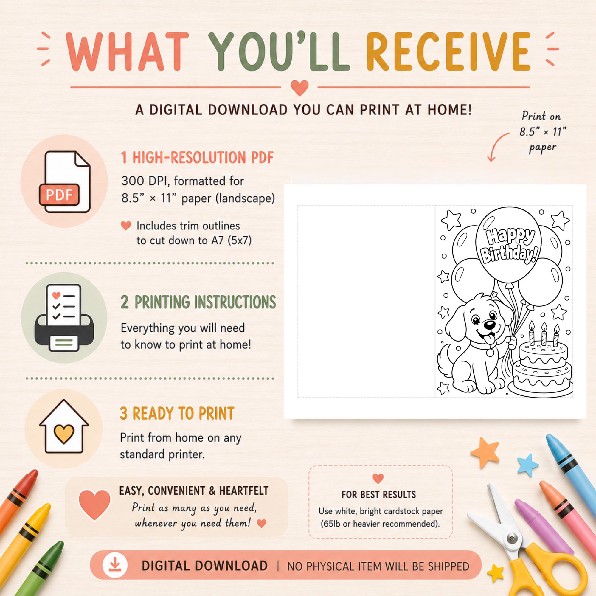 Printable Dog Birthday Coloring Card Instant Download Kids Puppy ...