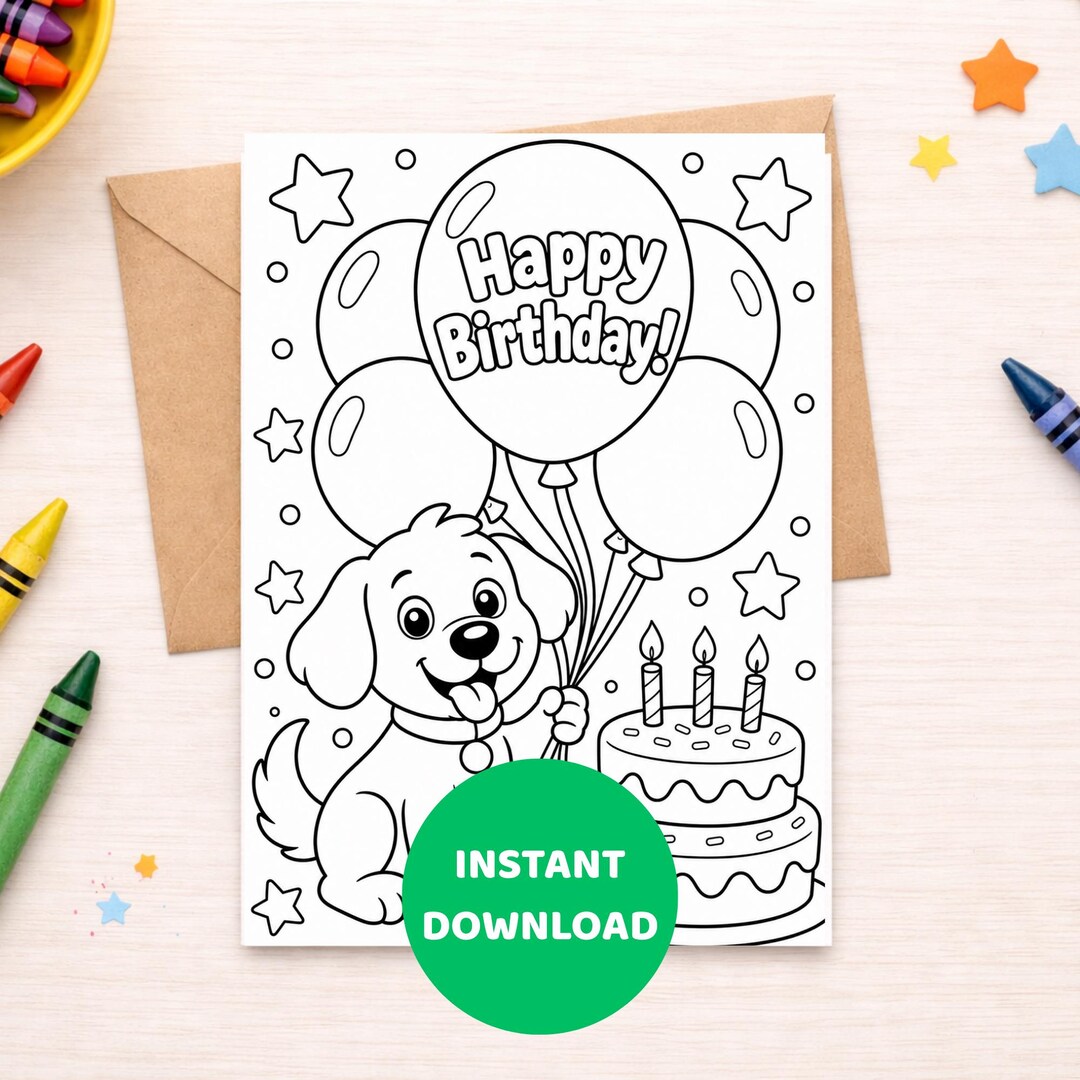 Printable Dog Birthday Coloring Card Instant Download Kids Puppy ...