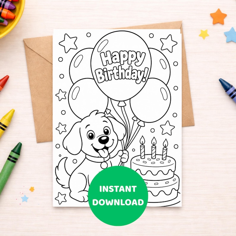 Printable Dog Birthday Coloring Card Instant Download Kids Puppy ...