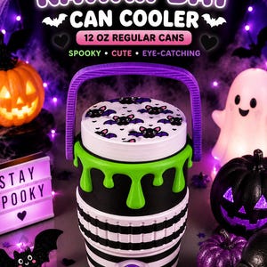 May include: A black and white striped can cooler for 12 oz regular cans with a purple handle, a green drip design, and a white lid featuring a repeating bat pattern. The text on the image reads KAWAII BAT CAN COOLER, 12 OZ REGULAR CANS, SPOOKY, CUTE, EYE-CATCHING.