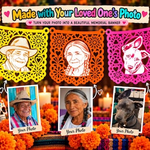 May include: A custom memorial banner featuring three colorful, laser-cut panels in yellow, orange, and pink. Each panel displays a stylized portrait of a person or pet, matching the provided photos of a man, a woman, and a dog.