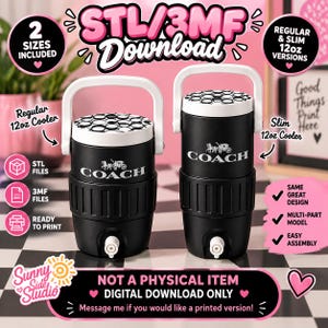May include: Two black 12oz beverage coolers with white handles and lids featuring a black and white circular pattern. The front of each cooler displays the white text COACH with a horse and carriage graphic. This is a digital download for 3D printing.
