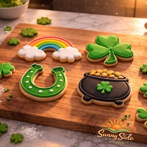 May include: A wooden cutting board displays St. Patrick's Day cookies, including a rainbow, shamrocks, a horseshoe, and a pot of gold. Green sprinkles and a rolling pin are also present. The Sunny Side Studio logo is in the bottom right corner.