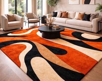 Abstract golftapijt, modern geometrisch pluche tapijt, oranje zwart crème woonkamer slaapkamer