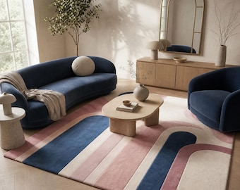 Pastel Arch vloerkleed: Roze marineblauwe moderne geometrische wollen mat