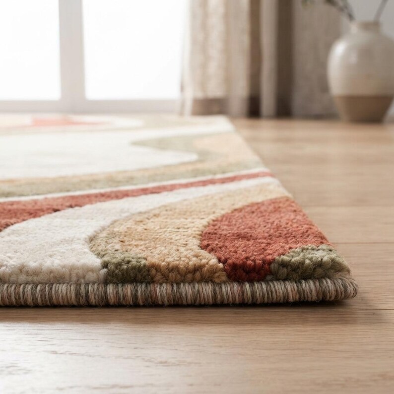 May include: A rectangular area rug featuring a tufted texture with a wavy, abstract pattern. The design consists of layered bands in shades of cream, muted olive green, tan, and terracotta orange, finished with a tightly bound edge in a neutral tone.