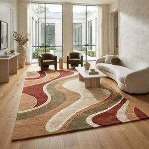 May include: A large rectangular area rug featuring a wavy, abstract pattern in shades of terracotta red, olive green, tan, and cream. The rug is positioned on a light-toned wooden floor, covering a significant portion of the living room space.