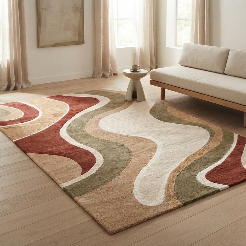 May include: A rectangular area rug featuring a series of large, flowing, wavy bands in shades of terracotta red, olive green, beige, and cream. The rug has a soft, textured pile and covers a portion of the light-colored wooden floor.
