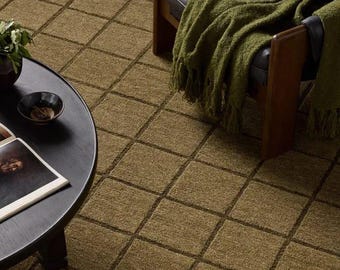 Handgetuft wollen vloerkleed met ruitpatroon, modern vloerkleed met rasterpatroon, minimalistisch geometrisch tapijt, handgemaakt vloerkleed voor de woonkamer, op maat gemaakt wollen woondecoratie