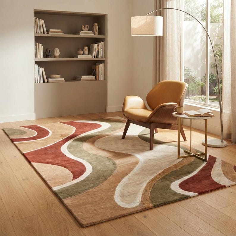 May include: A rectangular area rug featuring a wavy, abstract pattern in shades of terracotta, sage green, cream, and tan. The rug is placed on a light-colored wooden floor, partially underneath a tan leather armchair and a small round side table.